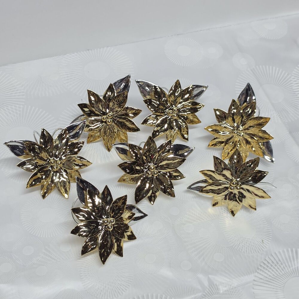 Vtg Dept. 56 Shiny Gold & Silver Metal Poinsettia Christmas Napkin Ring Set Of 7